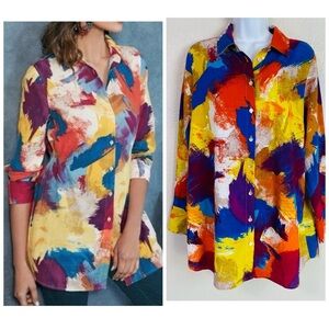 Soft Surroundings Painters Palette Cotton Long Sleeve Button Up Shirt Size M